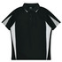 A black polo shirt with white accents and a collar, featuring a logo on the front.