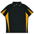 A black polo shirt with yellow accents, featuring a collar and three buttons, including a logo.