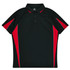 A black polo shirt with red accents and a collar, featuring a logo on the chest area.