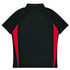 A black polo shirt with red side panels, featuring a collar and a logo.