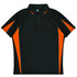 A black polo shirt with orange accents and a logo on the chest. Features a classic collar and short sleeves.