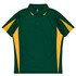 A dark green polo shirt with yellow accents and a collar. It features a logo on the chest area.