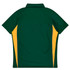 A green polo shirt with yellow side panels and a collar, featuring a logo on the back.