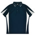 A navy polo shirt with white and grey accents and a collar. It features a logo on the front.