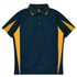 A navy blue polo shirt with yellow accents and a logo on the chest, featuring a classic collar and short sleeves.