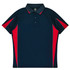 Navy blue polo shirt featuring red accents and a logo, designed for kids.