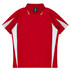 A red polo shirt with white side panels and a collar. It features a logo or branding on the label.