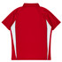 A red polo shirt featuring white side panels and a collar, with a logo on the back.