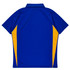 A blue polo shirt featuring yellow side panels and a collar, showcasing a sporty design. It has a logo on it.