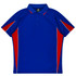 A blue polo shirt featuring red accents and a branding logo. It has a classic collar and button placket.