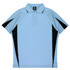 A light blue polo shirt with black side panels and a collar, featuring a logo on the label.