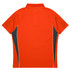 A red polo shirt with grey side panels and white piping, featuring a collar and short sleeves.
