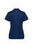 A navy women's short sleeve polo shirt with a subtle logo and decorative detailing on the sleeves.