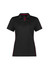 A women's short sleeve polo shirt in black with red accents, featuring a collar and a logo.