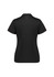 A black women's polo shirt with short sleeves, featuring a subtle logo and details on the back and sleeves.