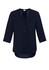 A navy longline blouse with three-quarter sleeves and a button-up front, featuring a subtle logo.