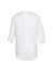 A white women's longline blouse with ¾ sleeves and a back pleat, featuring a logo.