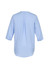 A blue women's longline blouse with three-quarter sleeves and a back pleat, featuring a logo.