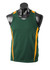A green singlet featuring orange accents, displayed on a black mannequin. It has a logo on the front.