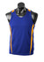 A blue singlet with orange accents displayed on a mannequin. It features a simple design and has a logo.