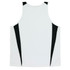 A white singlet featuring black accents on the sides, designed for kids, with a logo on the back.
