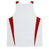 A sleeveless singlet featuring a white base and red detailing on the sides, with branding on the garment.
