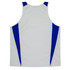 A sleeveless singlet in white with blue accents and a logo.