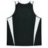 A black singlet featuring white side panels and a logo. Suitable for active wear.