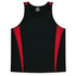 A black singlet featuring red side panels and a logo on the front. Suitable for casual wear or sports activities.