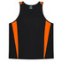 A black singlet with orange side panels and a logo on the upper section. Perfect for active wear.