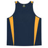 A navy blue singlet with yellow side panels and a logo on the neckline. Suitable for casual wear.