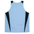 A light blue singlet with black side panels and a logo at the neckline. Suitable for kids' wear.