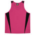 A pink singlet with black side accents, featuring a logo on the neckline. Suitable for kids.