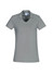 A grey women's polo shirt with short sleeves and a V-neck, featuring a logo on the chest.