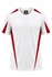 A white t-shirt with red side panels and a logo on the neckline. Suitable for casual wear or sport.
