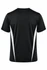 A black men’s t-shirt featuring white side panels and a logo. The back view shows short sleeves and a round neck.