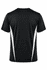 A black men’s t-shirt featuring white side panels and a logo. The back view shows short sleeves and a round neck.