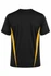 A black T-shirt featuring yellow side accents and a logo on the back.