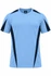 A light blue men's t-shirt featuring dark navy side panels and a logo on the collar.