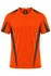 An orange t-shirt with black accents and a logo, designed for comfort and style.
