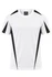 A white men's t-shirt with black accents on the sides and a logo on the inner collar.