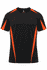 A black T-shirt with orange accents and a logo, designed for menswear.