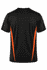 A black men's t-shirt featuring orange side panels and a logo on the back.