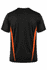 A black men's t-shirt featuring orange side panels and a logo on the back.