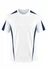A white T-shirt with navy blue accents on the shoulders and sides. It features a logo on the front.