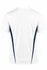 A white t-shirt featuring navy side stripes and a branding logo on the back.