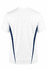 A white t-shirt featuring navy side stripes and a branding logo on the back.