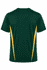 A green T-shirt with yellow side panels and a crew neck design, featuring a logo on the back.