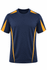 A navy blue T-shirt with orange accents on the shoulders and sides. The shirt has a logo on it.