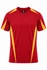 A red t-shirt with yellow side panels and a logo on the chest. Suitable for casual wear or sports activities.